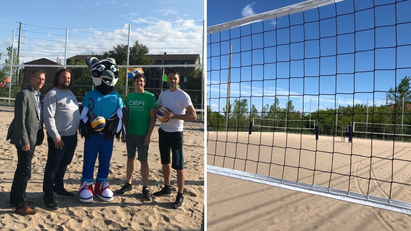 Photo à gauche : de gauche à droite, Yves Carignan, président du comité organisateur de la 55e finale des Jeux du Québec - Laval 2020, Philippe Ciarlo, directeur général du Complexe Bois-de-Boulogne, Dynamik, mascotte de la 55e finale des Jeux du Québec - Laval 2020, Stéphane Boyer, conseiller municipal de Pont-Viau, Nicholas Borne, conseiller municipal de Laval-les-Îles.