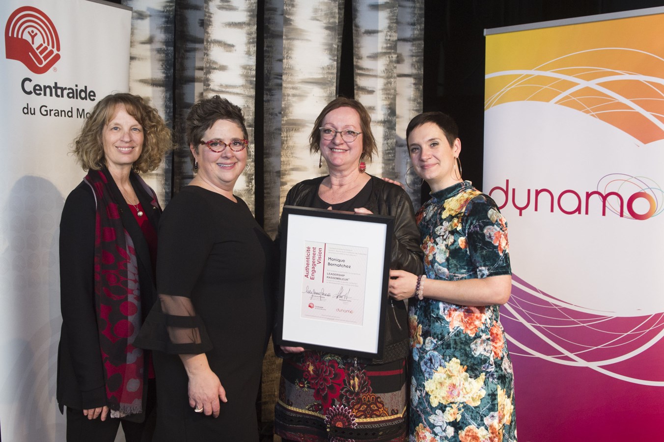 De gauche à droite : Lili-Anna Pereša, présidente et directrice générale de Centraide du Grand Montréal, France Brochu, directrice générale de Dynamo, Monique Bernatchez, directrice générale du Comité d’animation du troisième âge de Laval (CATAL), et Sophie Pétré, conseillère stratégique et formatrice du programme Leadership RassembleurMC pour Dynamo.