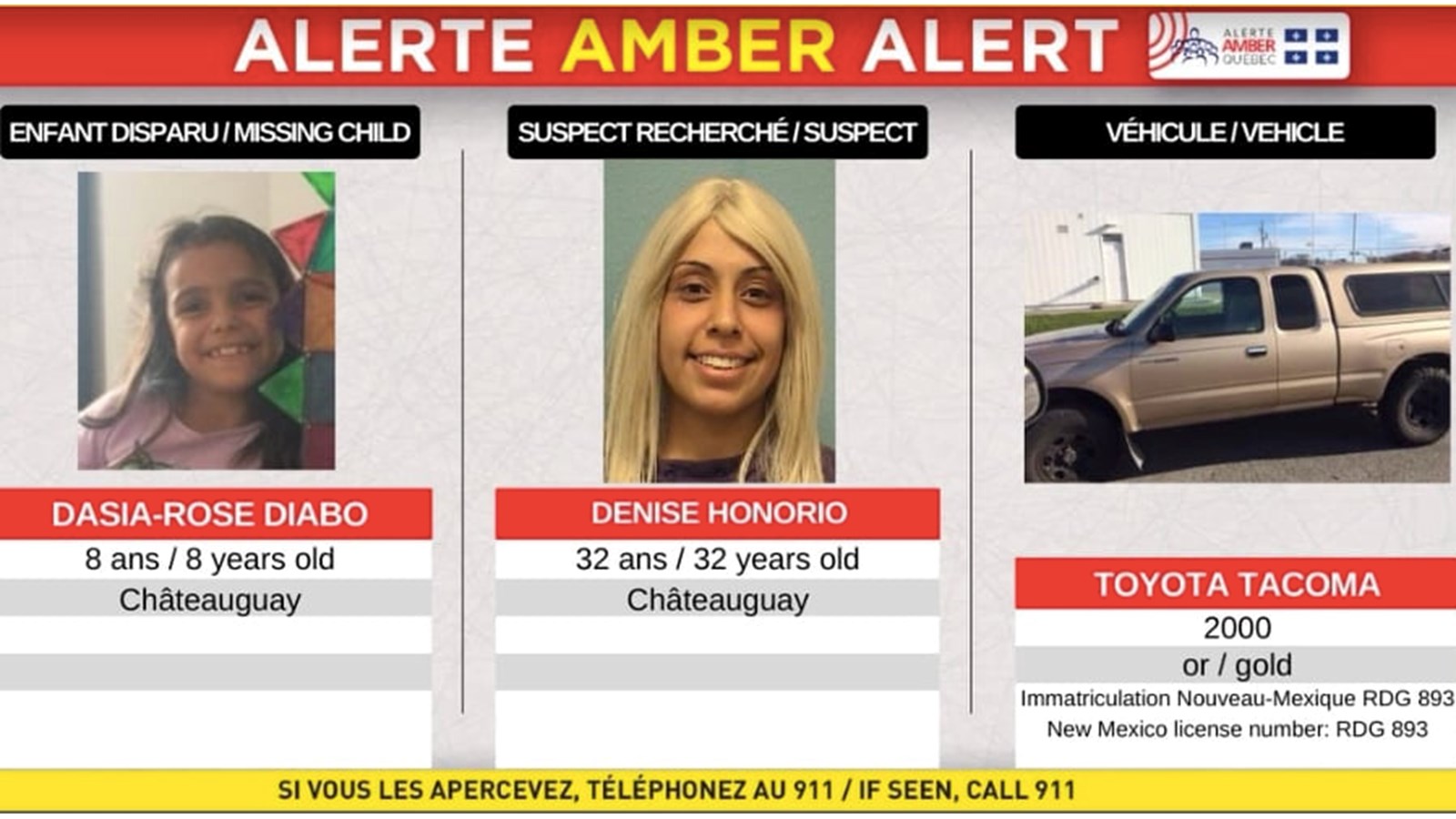 Alerte Amber en cours pour retrouver une fillette de Châteauguay