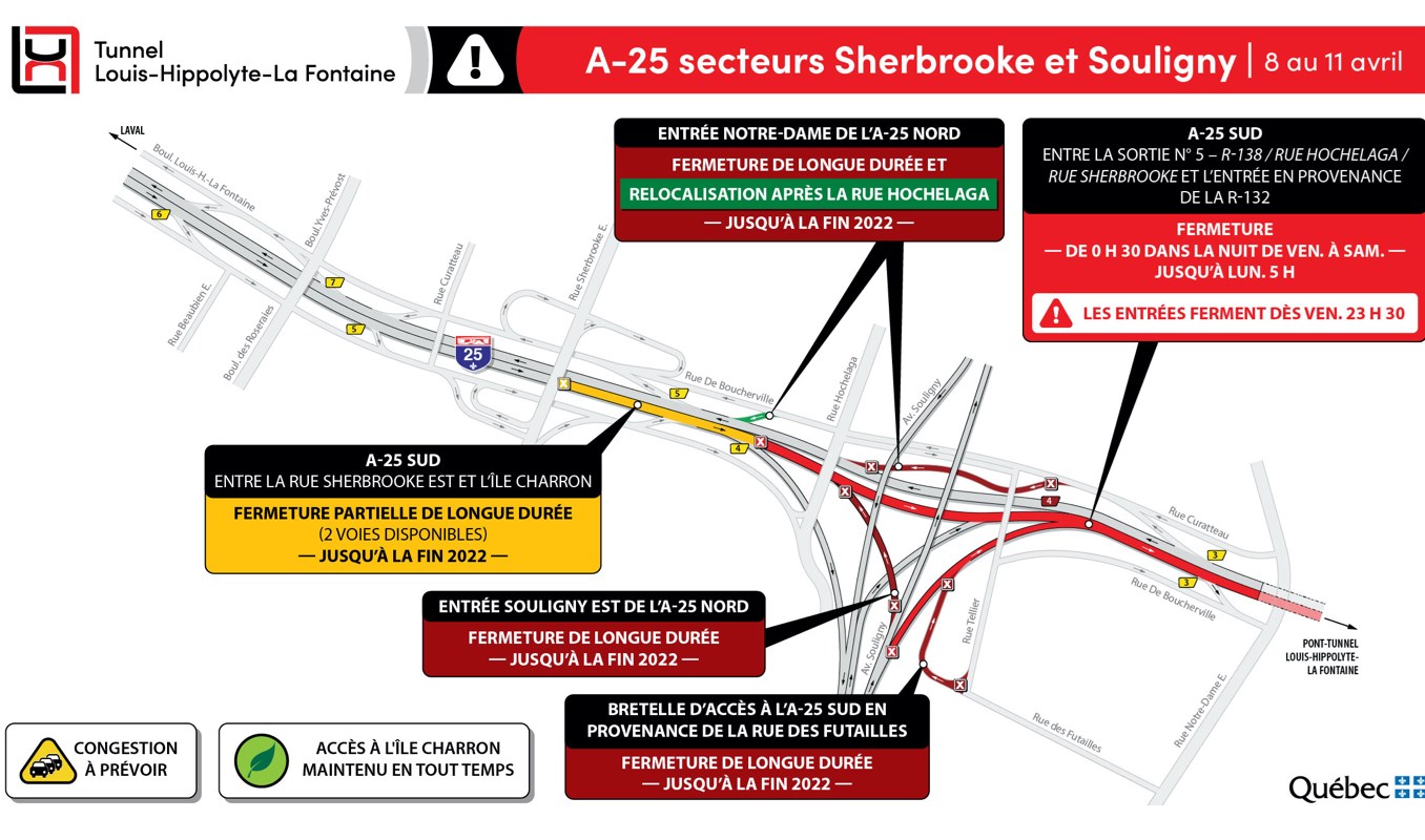 Du 8 au 11 avril 2022 : fermeture complète du tunnel en direction de la Rive-Sud durant la fin de semaine