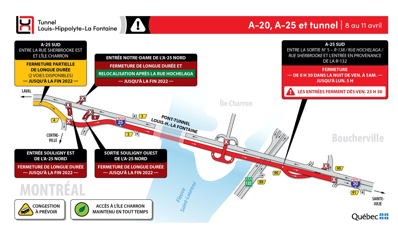 Du 8 au 11 avril 2022 : fermeture complète du tunnel en direction de la Rive-Sud durant la fin de semaine
