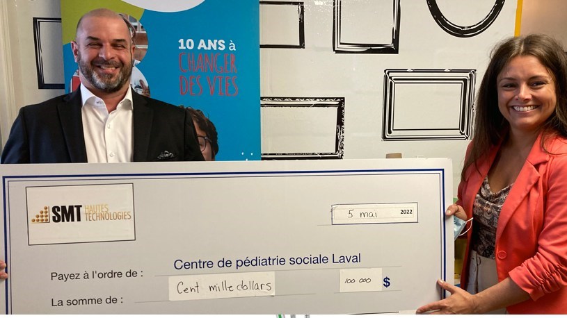 Stéphane Deschênes, Président fondateur, SMT Hautes Technologies et Mylène Du Bois, Directrice générale, Centre de pédiatrie sociale Laval.