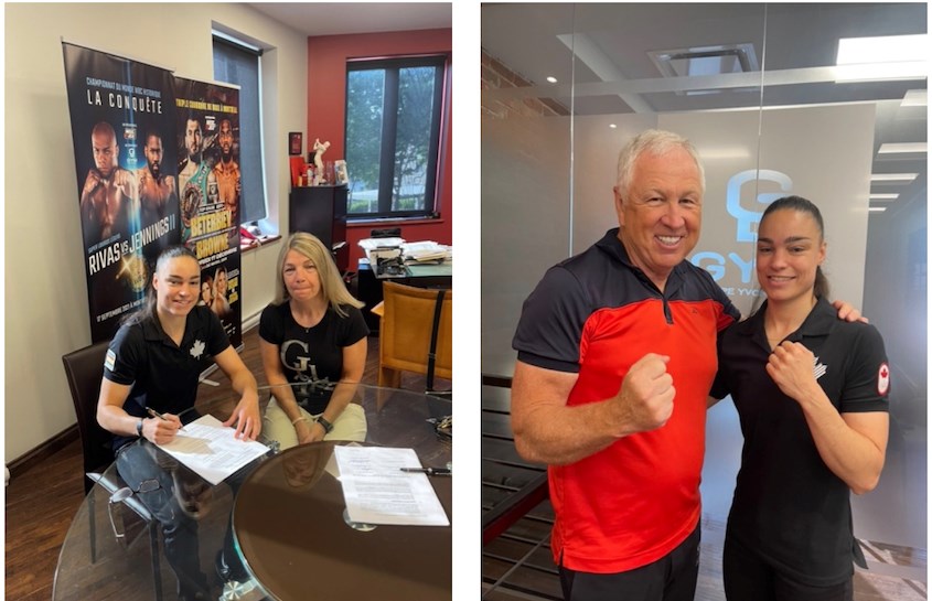 Carolyne Vyre et son entraineure Danielle Bouchard lors de la signature du contrat dans
les bureaux de GYM - Groupe Yvon Michel.
Yvon Michel, président de GYM pose fièrement en compagnie de Carolyne Vyre après la
signature du contrat marquant ses débuts professionnels.