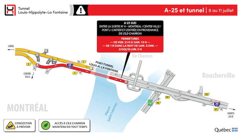 Fermeture complète du tunnel Louis-Hippolyte-La Fontaine, en direction de la Rive-Sud, du 8 au 11 juillet