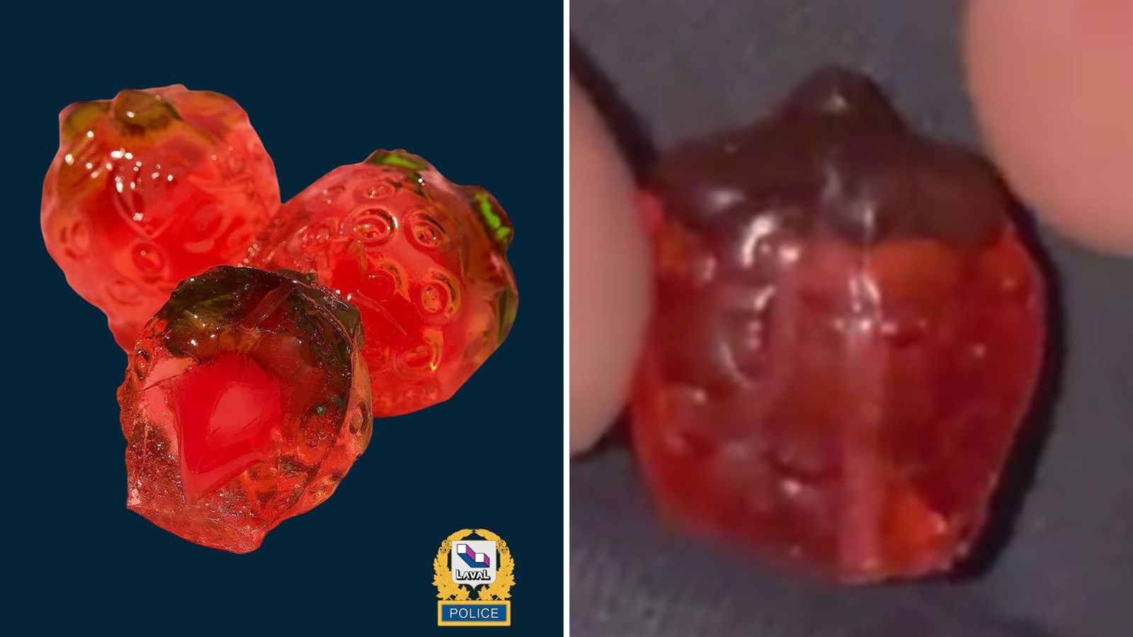Le bonbon, une fraise en gelée rouge et verte, se trouvait dans un emballage transparent partiellement ouvert.