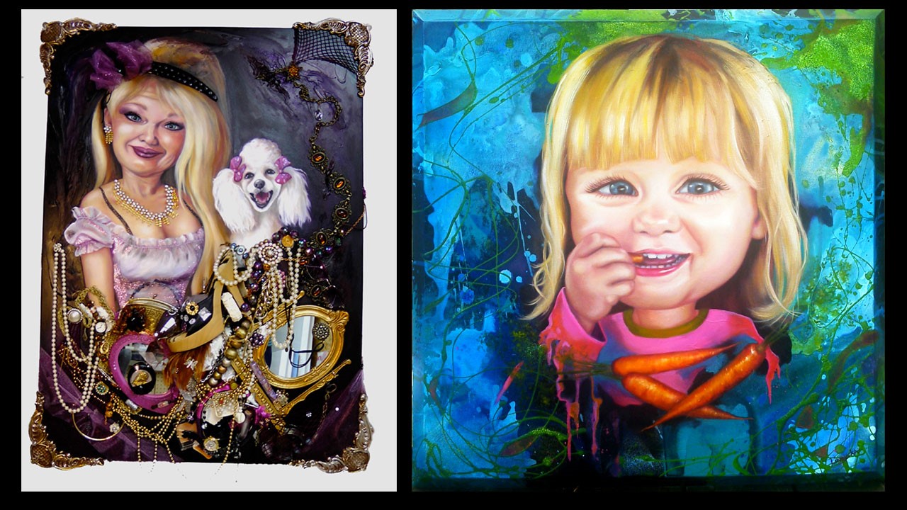 La femme caniche, une oeuvre réalisées avec des objets recyclés sur une porte de réfrigérateur, ainsi que l'un des trois tableaux exposés en Californie.