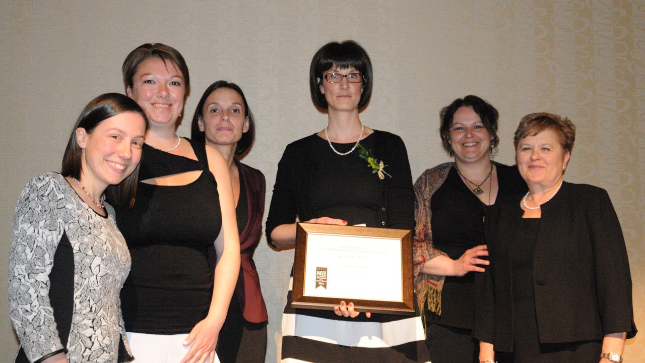 Le lauréat de la catégorie Services touristiques est Tourisme Lobinière représenté par Myriane Bolduc (1re à gauche), Nathalie Boilard (2e), , Marie-Ève Lacasse (4e), Suzie Villeneuve (5e) et Suzanne Bourget (6e). Le prix a été remis par Mireille Vézina du Georgesville (3e à gauche).