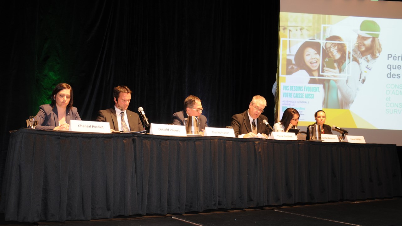 La présidente du comité de surveillance, Chantal Pouliot, le conseiller juridique, Charles Hamel, le directeur général, Donald Paquet, le président Pierre Couillard, et les vice-présidentes, Chantal Rancourt et Karine Veilleux, ont dressé le bilan de l'année financière 2015 hier soir au Georgesville.