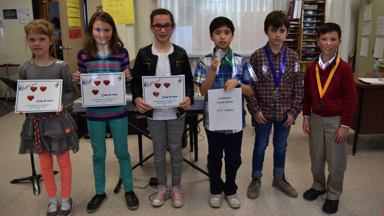 Classe privée, 3e et 4e-Or: Huato Dineen (ruban jaune), Argent: Wyliam Couture (ruban bleu), Bronze: Tristan Morisset. M. (ruban vert), Coups de cœur: Léa-Rose Dulac, Rose Veilleux, Marianne Rodrigue.