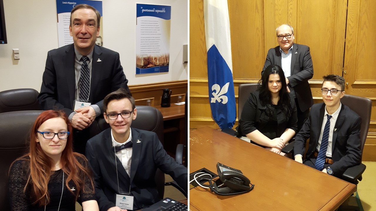 À gauche, les élèves de la polyvalente Saint-Georges, Rosalie Roy et Olivier Fortin avec leur professeur, Christian Lagueux. À droite, les élèves de la polyvalente Bélanger, Rebecca Pinet-Nadeau et Rémi Jacques, en compagnie de leur enseignant, Jean-Pierre Lagueux.