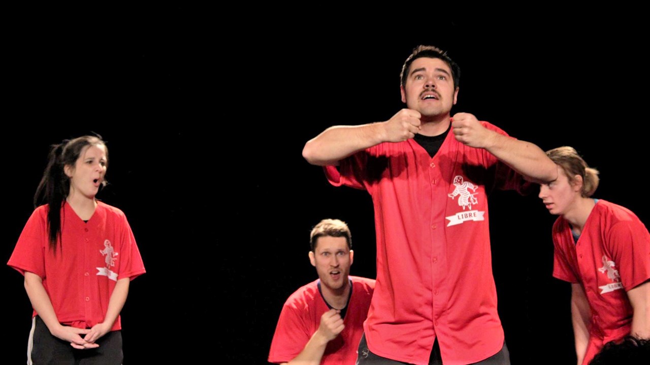 Les joueurs de la Ligue d’improvisation de la Beauce et des régions environnantes (LIBRE). De gauche à droite : Émilie Poulin, Martin Mercier, Dominic Mercier et Patrick Couture.
