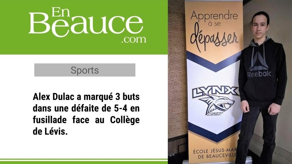Alex Dulac des Lynx M15 de l'École Jésus-Marie de Beauceville a marqué 3 buts dans une défaite de 5-4 en fusillade face au Collège de Lévis le 19 mars dernier.