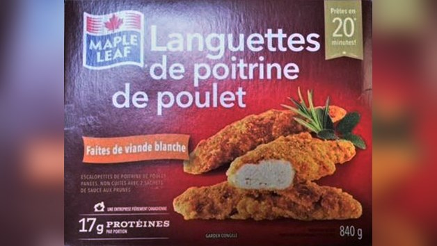Les boites de languettes de poitrine de poulet Maple Leaf de 840 g avec la date d'expiration 2018-04-20 sont visées par ce rappel.