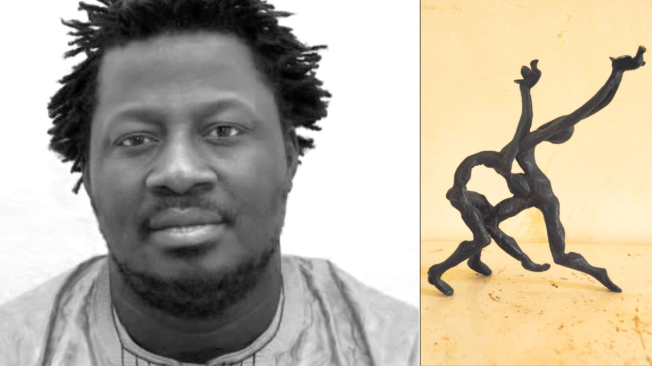 Le sculpteur burkinabé Yacouba Toure et l'oeuvre qu'il réalisera pour Beauce Art « Dansons dans un monde de paix ».