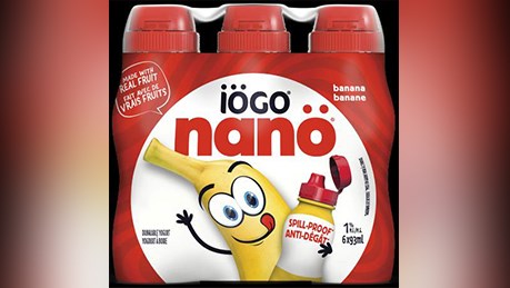 Produit visé par le rappel : Yogourt à boire à la banane de marque iögo nanö (6 x 93 ml).