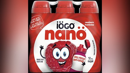 Produit visé par le rappel : Yogourt à boire à la framboise de marque iögo nanö (6 x 93 ml).