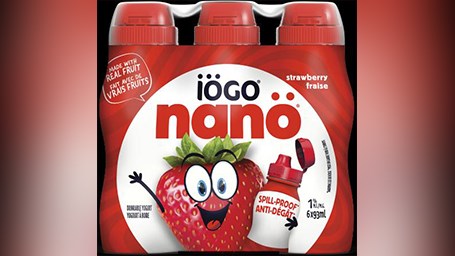 Produit visé par le rappel : Yogourt à boire à la fraise de marque iögo nanö (6 x 93 ml).
