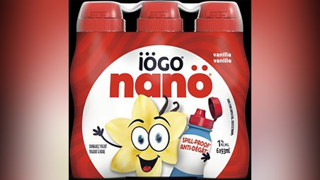 Produit visé par le rappel : Yogourt à boire à la vanille de marque iögo nanö (6 x 93 ml).
