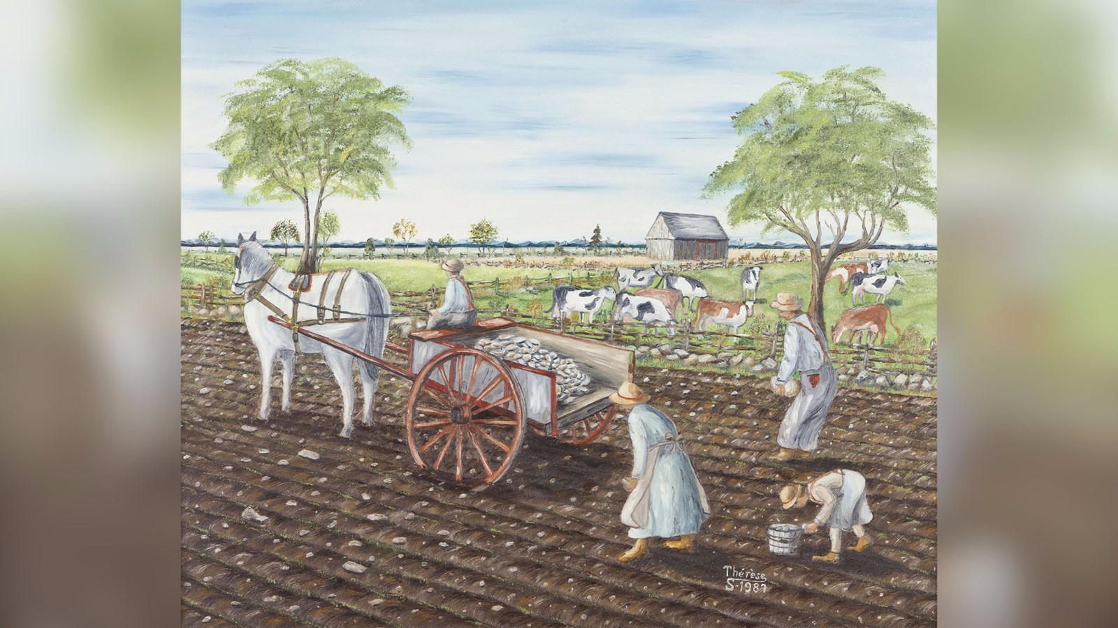 « L'épierrement ». Huile sur toile provenant du Musée de la civilisation (Don de Thérèse Sauvageau au Moulin La Lorraine).