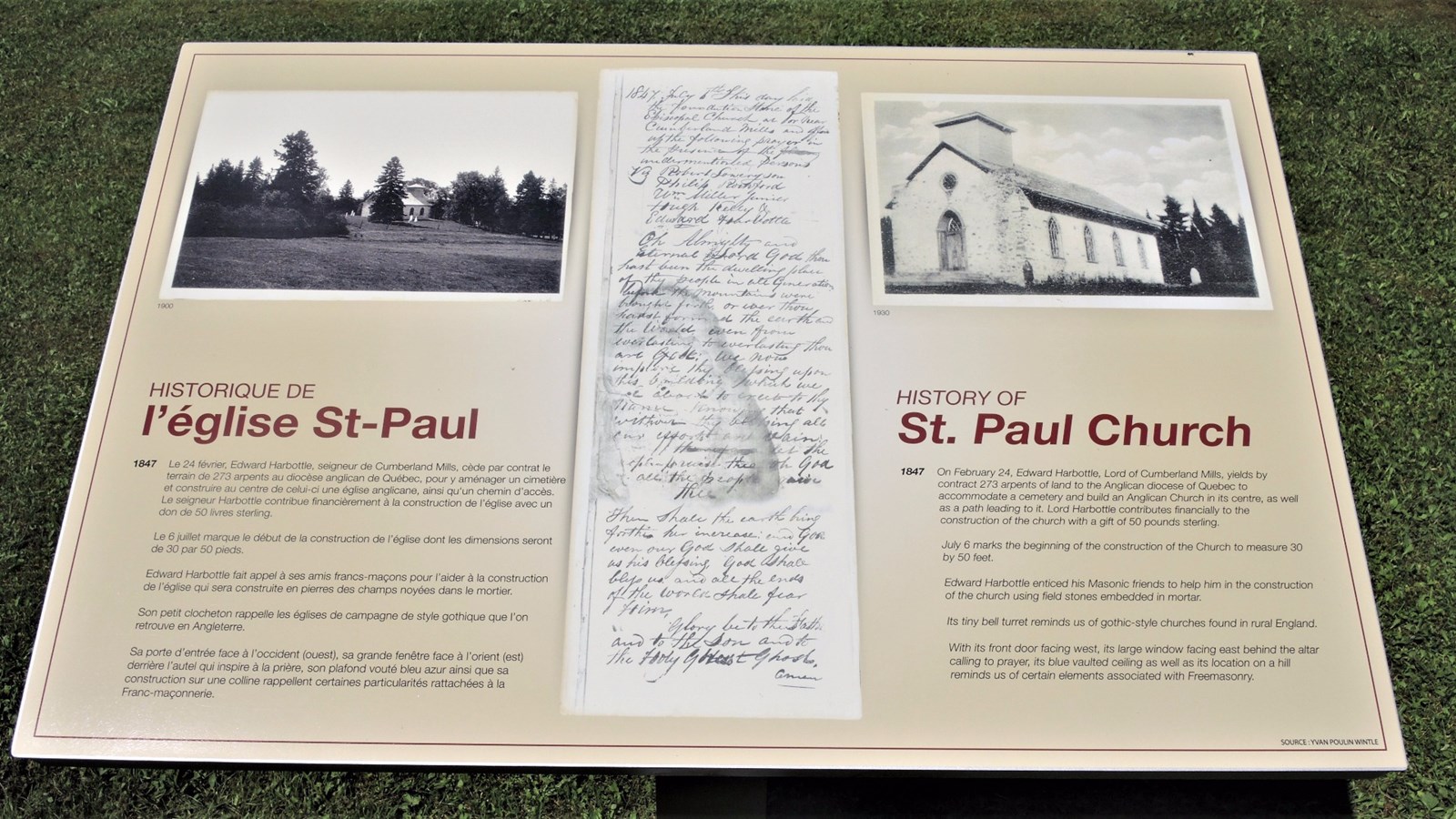 Neuf panneaux d'interprétation ont été installés dans le jardin Harbottle et deux à l'intérieur de l'église Saint-Paul de Cumberland Mills pour l'été 2017.