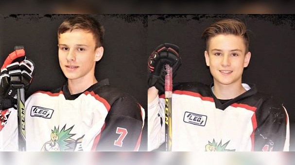 Les hockeyeurs beaucerons Dylan Champagne (à gauche), de Saint-Honoré, et Joshua Roy (à droite), de Saint-Georges, ont participé au camp estival des moins de 15 ans organisé par Hockey Québec du 5 au 9 août 2017.