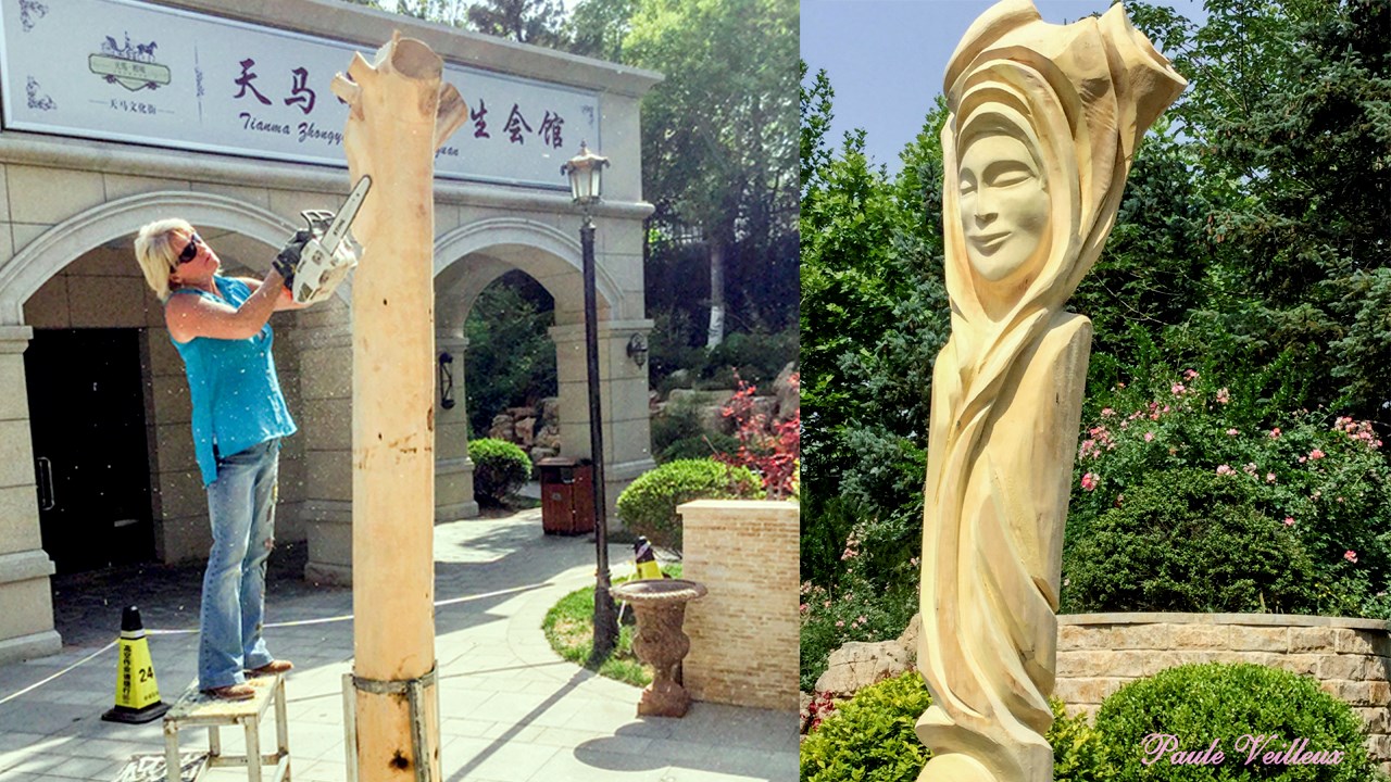 Une sculptrice à la tronçonneuse de Beauceville réalise une création en Chine