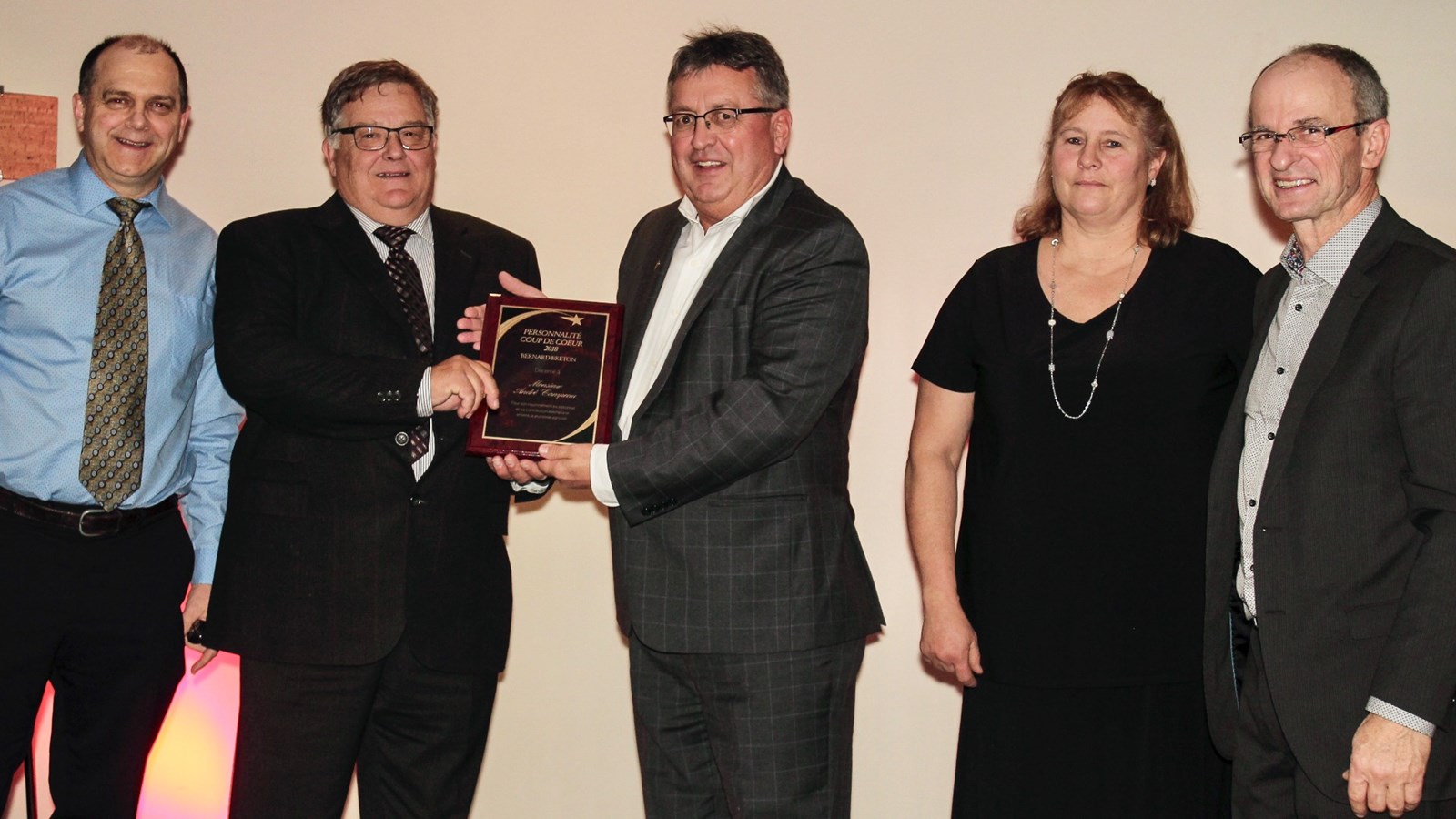 Marc-Ange Doyon (Fondation), André Campeau (récipiendaire prix coup de cœur Bernard Breton), Raymond Breton (Bernard Breton inc.) Claire Ouellet et Germain Lehoux (fondation)