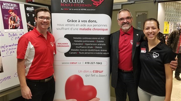 Jean-Sébastien Boulanger, président du CA du Pavillon du Coeur de Beauce-Etchemin, Denis Bolduc, président du CA de la Fondation du Coeur Beauce-Etchemin, et et Joannie Demers, directrice de la Fondation du Coeur de Beauce-Etchemin, lors du brunch du président. 