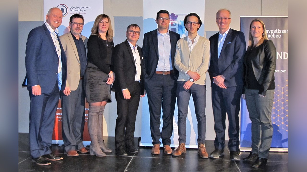 De gauche à droite : Claude Drouin, de DENB, Christian Dubois, des Fonds régionaux de solidarité FTQ, Sonya Cliche, d'Investissement Québec, Louis Veilleux, de Métal Bernard, Étienne Poulin, de Boa-Franc, Antoine Proteau, d'APN, Nicolas Sapp, de Robic et Marlène Bisson, de DENB.