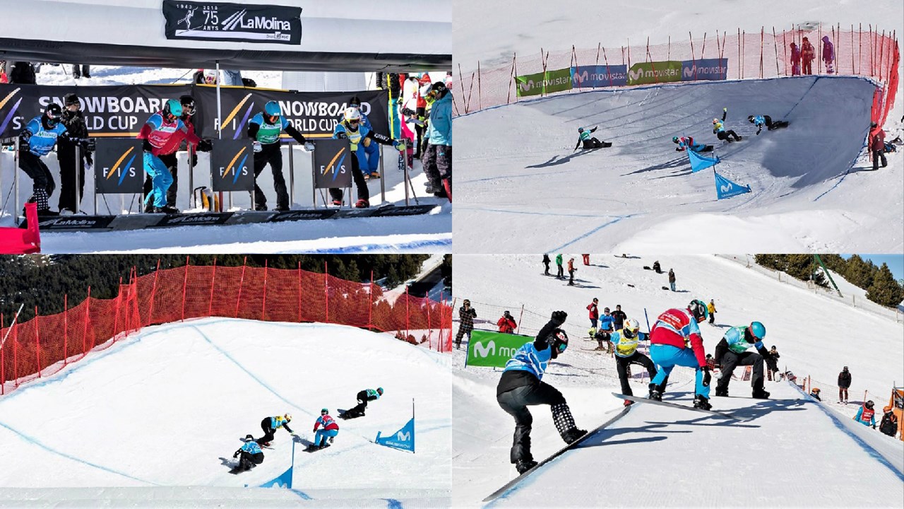 Éliot Grondin, 16 ans, athlète en snowboard cross de Sainte-Marie, porte le dossard jaune lors des huitièmes de finale à la Coupe du monde de La Molina, en Espagne.