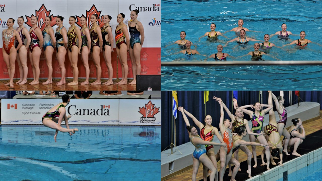 Les 11 nageuses du club Québec Excellence Synchro, niveaux junior et senior, qui ont participé à l’épreuve d’équipe acrobatique aux Championnats canadiens de qualification de nage synchronisée du 20 au 25 mars 2018, à Calgary. Absente de la photo : la nageuse beauceronne Andrée-Anne Côté, de Saint-Georges, en raison d'une blessure.