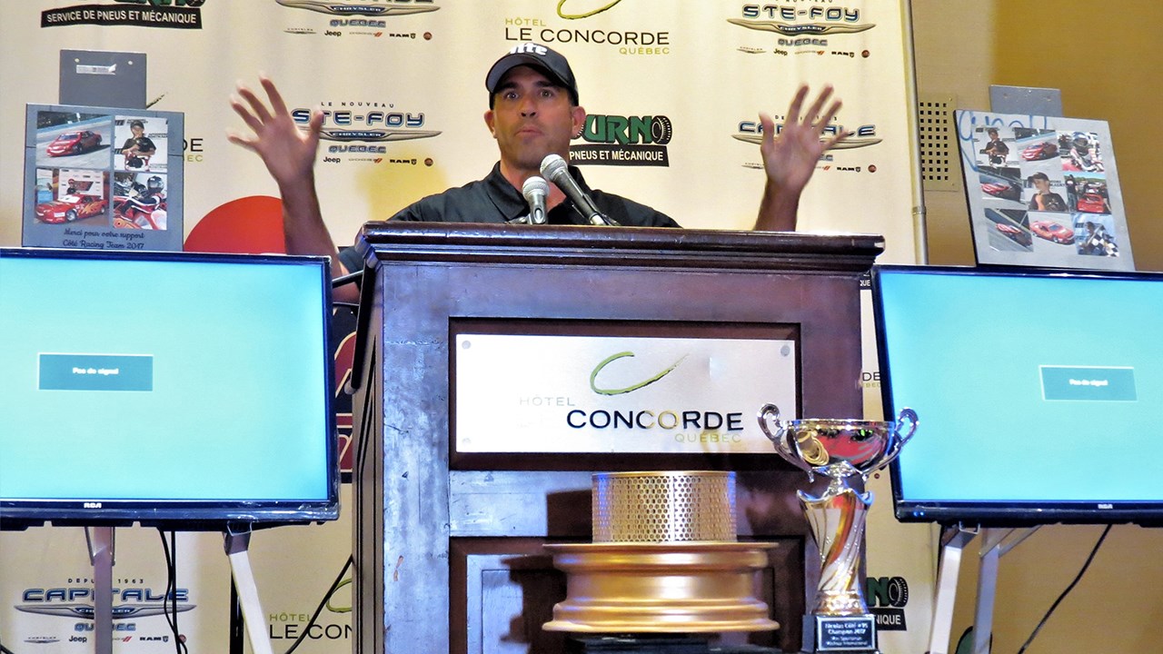 Martin D'Anjou, promoteur de la 49e édition du Salon de l’auto sport Miller Lite de Québec, lors de la conférence de presse annonçant l'événement, qui a eu lieu lors du jeudi 5 avril 2018, à l’hôtel Le Concorde.