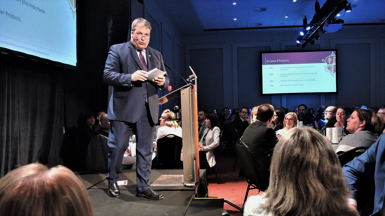 Le conférencier du 25e Souper d'affaires de prestige du Conseil économique de Beauce, Martin Deschênes, président de l’École d’entrepreneurship de Beauce et vice-président du Groupe Deschênes, s'est adressé à quelque 400 personnes le 3 mai 2018.