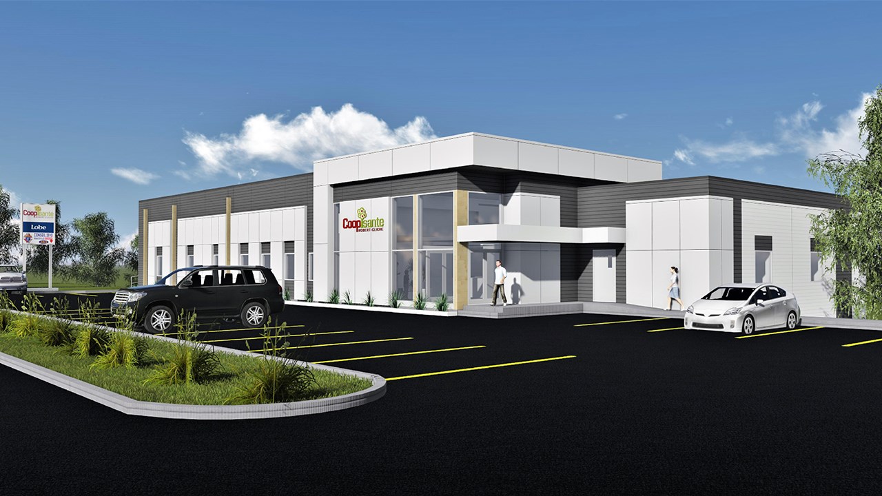Croquis extérieur du futur site de la Coopérative de santé Robert-Cliche à Beauceville.