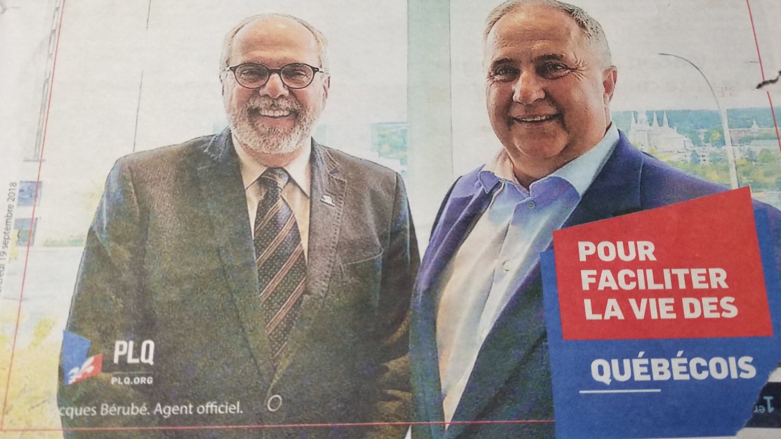 Claude Morin, le maire de Saint-Georges, et Paul Busque, le candidat libéral dans Beauce-Sud. Cette publicité apparaît dans l'édition du 19 septembre 2018 de L'Éclaireur Progrès.