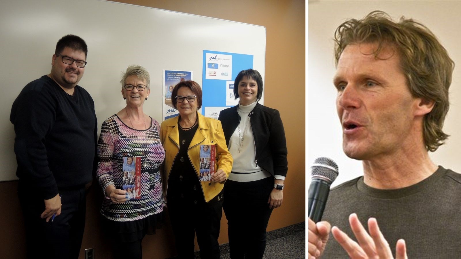 À gauche, Jean-François Fecteau, directeur par intérim de Parrainage jeunesse, Lorraine Roy, de Formation PRH, Diane Létourneau, de Boutique Nuance, et Stéphanie Poulin, propriétaire et psychoéducatrice de Les Aternatives éducatives. Ces deux dernières font partie des partenaires de Formation PRH. À droite : Pierre Lavoie.