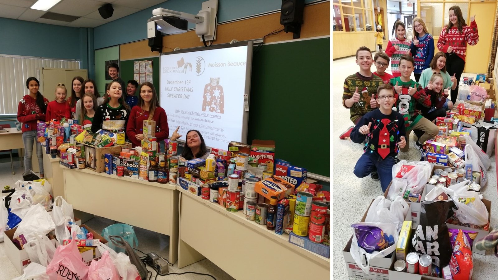 Les élèves de l'école des Deux-Rives devaient apporter des denrées pour pouvoir porter leur chandail de Noël. 