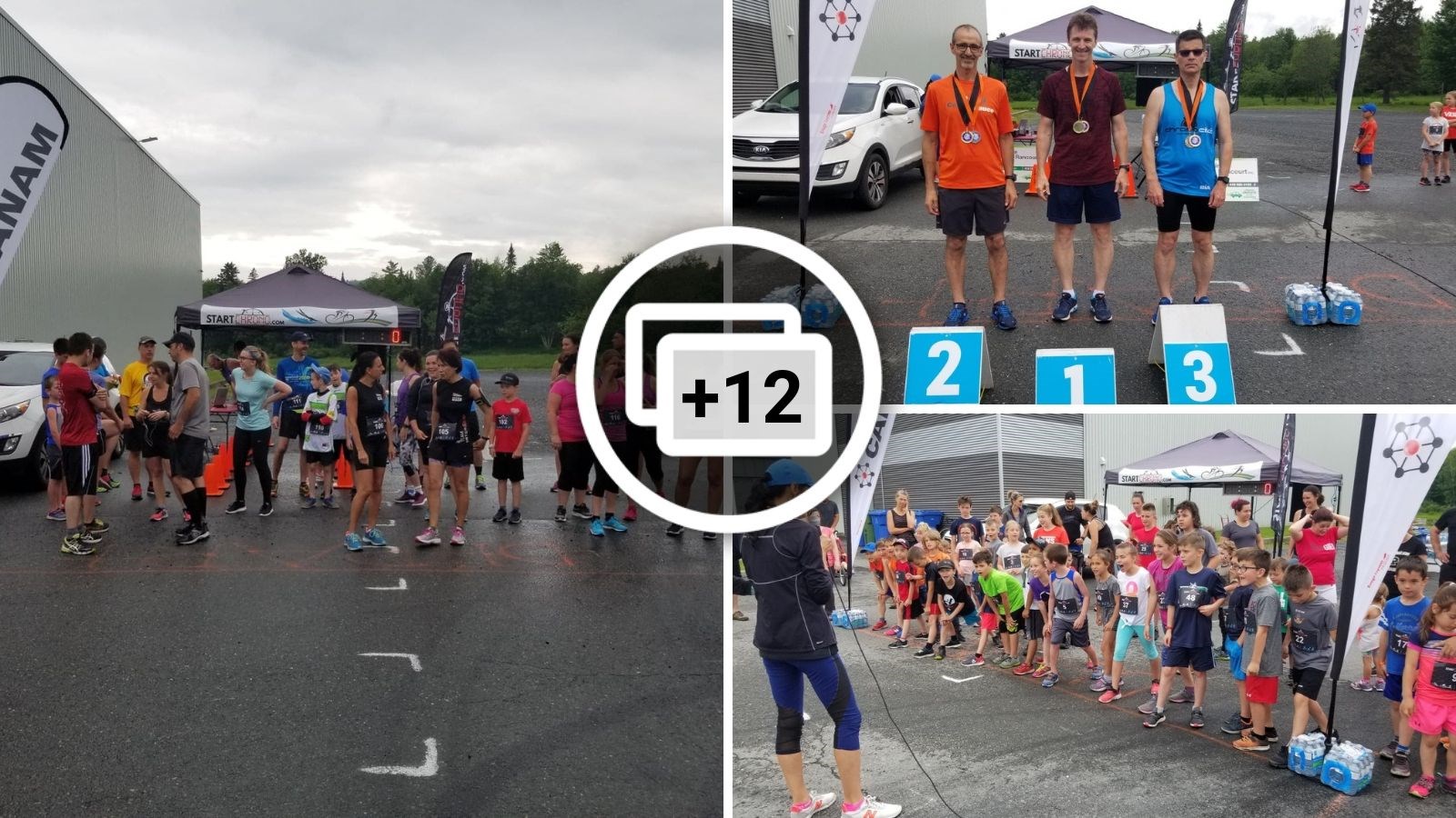 À gauche, le départ du 5 km, en haut à droite, le podium 40+M (5km), et en bas à droite, le départ du 1 km réservé aux enfants.