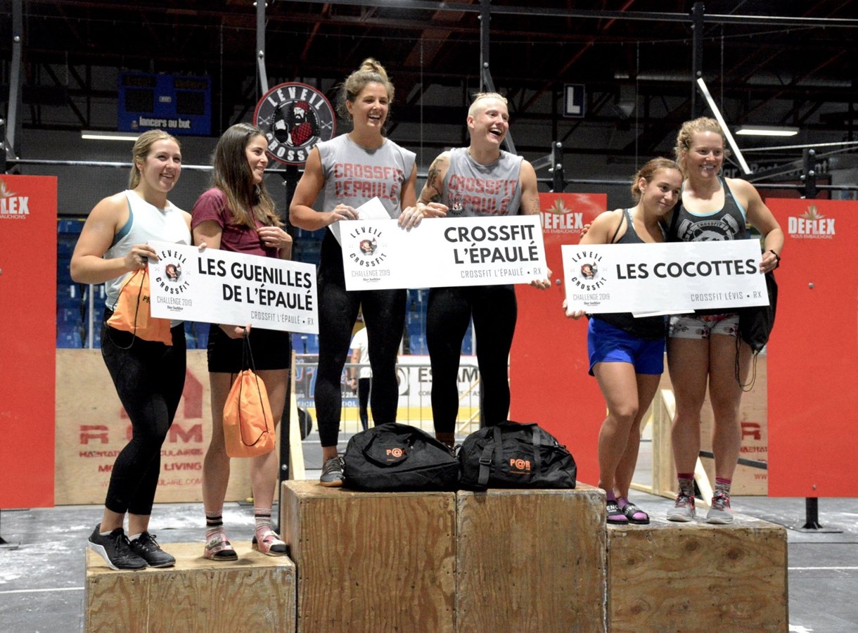 Dans la catégorie RX Femmes, CrossFit L'Épaulé, Les cocottes de CrossFit Lévis et Les guenilles de L'Épaulé.