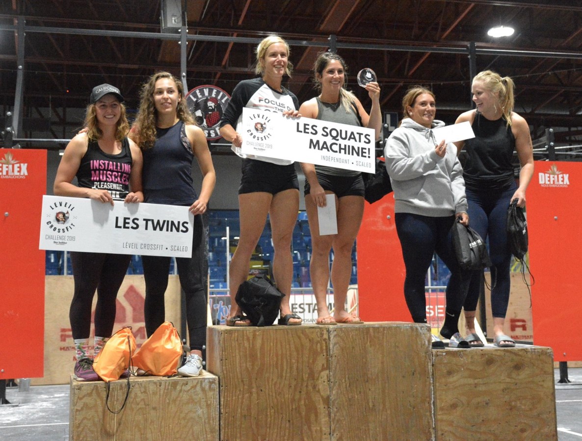 Dans la catégorie Scaled Femmes, Les Squats Machine!, Licornosorus et Les Twins de Léveil CrossFit.