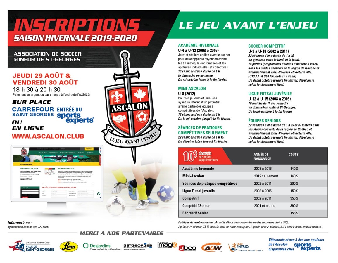 Les inscriptions pour la saison hivernale de soccer de l'Ascalon débutent bientôt