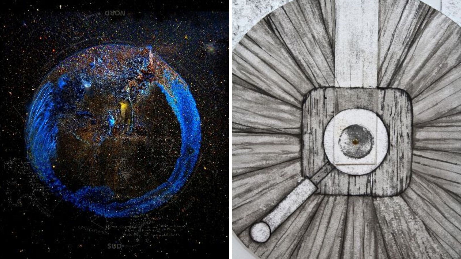 À gauche, « Astres occlus n°11 », d'Agnès Riverin (2015). À droite, « Rouage » de Diane T. Tremblay (2017).