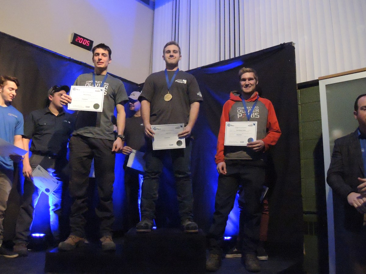 Les gagnants dans la discipline Charpenterie-menuiserie : Andy Carrier (or) Maverick Poirier (argent), Jean-François Veilleux (bronze).