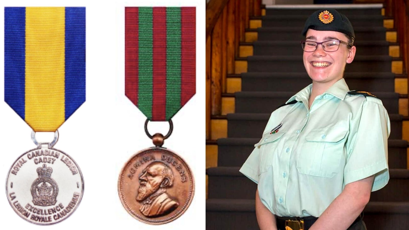 À gauche: Médaille d’excellence de la Légion royale canadienne et médaille Lord Strathcona. À droite: Cadette-Adjudant-maitre Rachel Laflamme.