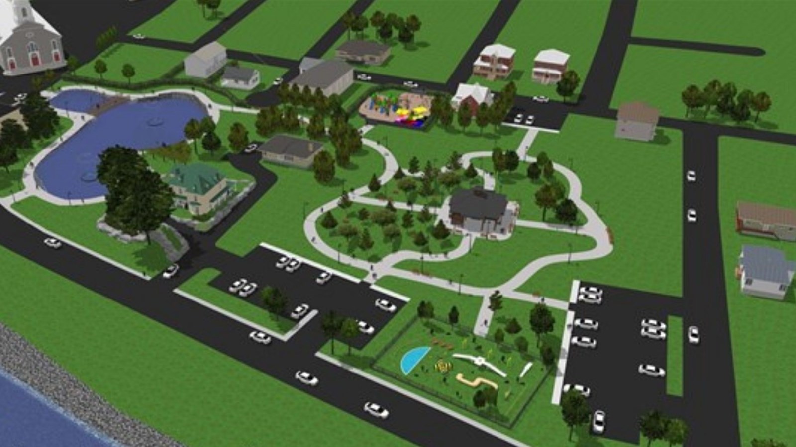Dessin-maquette du parc communautaire et du centre d'interprétation de la rivière (secteur Ouest).