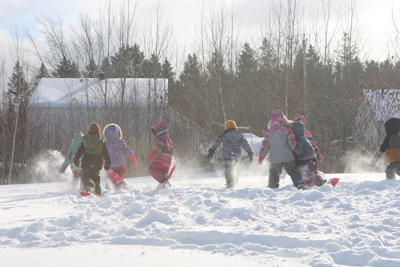 Des jeunes du Centre de la petite enfance La Fourmille de Saint-Georges effectuant une sortie en raquettes