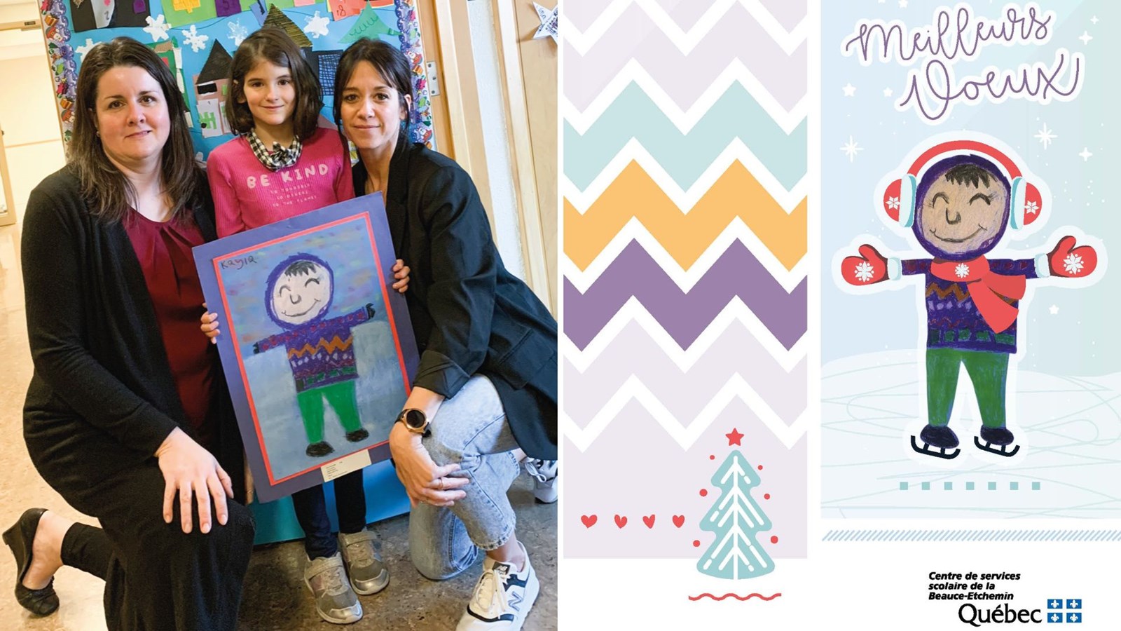 Photo de gauche: Kayla Morissette entourée de Lyne Ménard, directrice de l’école la Tourterelle et Marie-Claude Ferland, technicienne en arts graphiques. À droite: la carte.