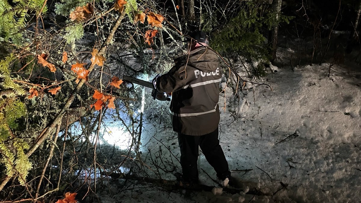 Arbre tombé sur la chaussé sur la route Veilleux-Potvin à Saint-Simon-les-Mines