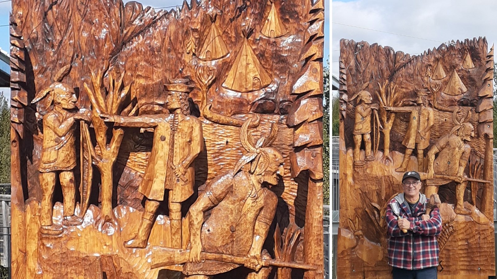 À droite, Bernard Labbé devant sa sculpture.