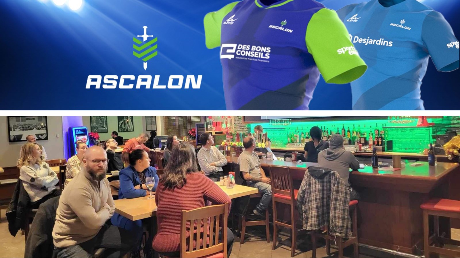 Le maillot bleu et vert à l'avant représente le maillot du soccer compétitif et le bleu plus pâle à l'arrière est une des couleurs des nouveaux maillots du soccer local.